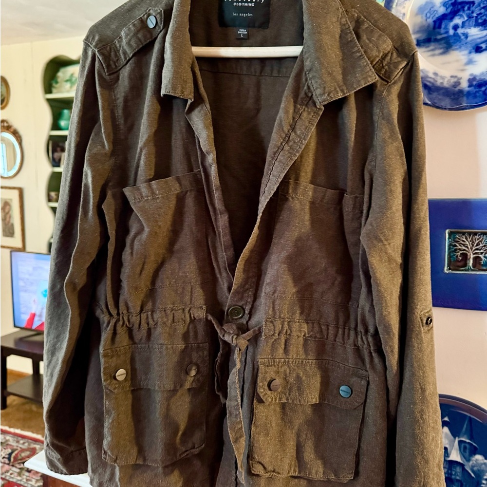 Sanctuary Utility Washed Linen or Linen Blend Jacket Size Large Dark Olive Green - Picture 2 of 9